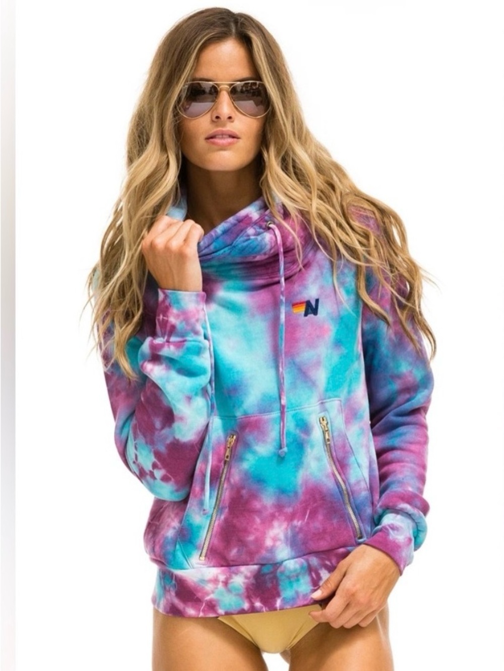 Aviator Nation Blue & Purple Tie-Dye Funnel Neck Hoodie